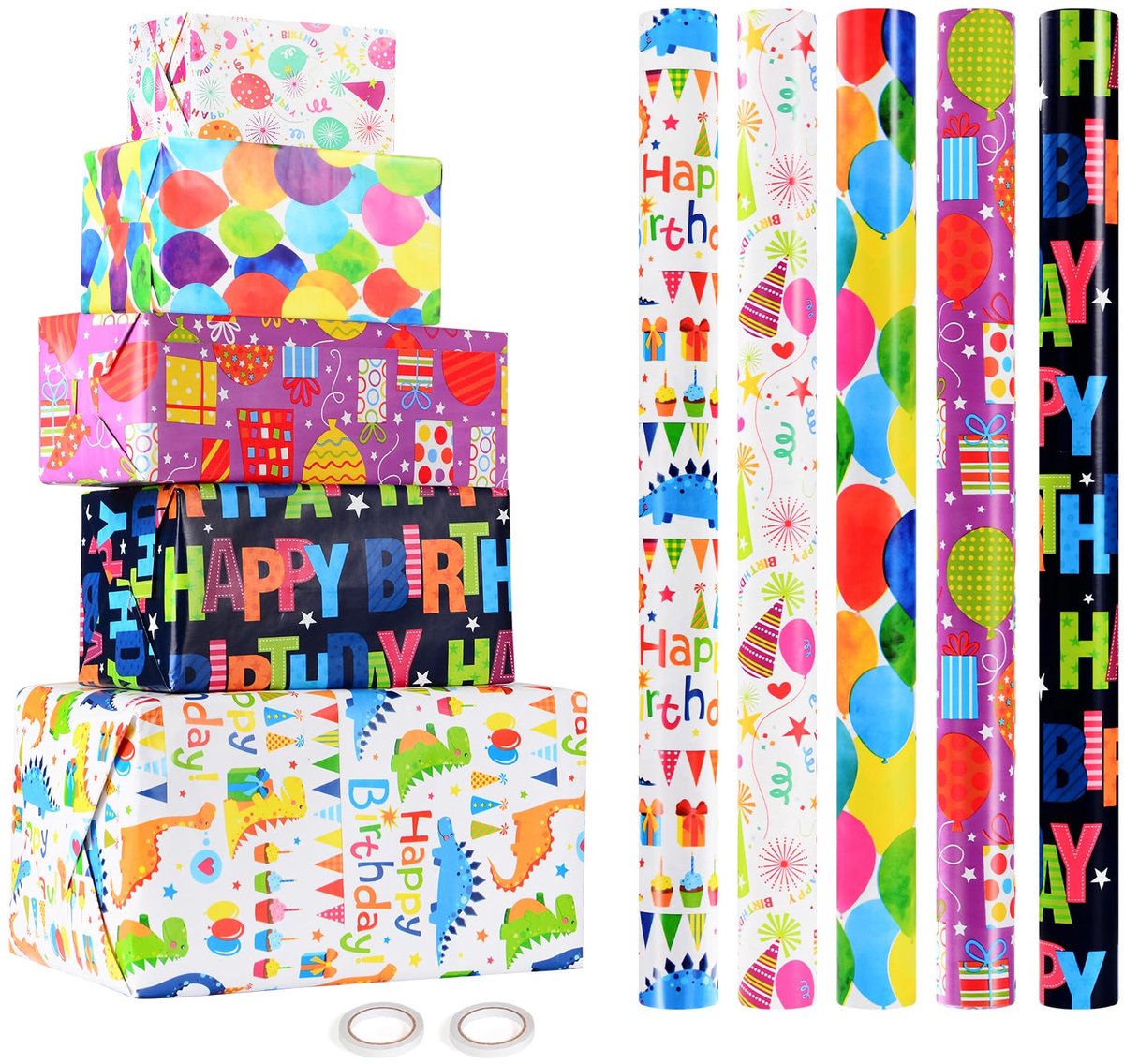 SnelShoppen - Geschenkpapier voor Verjaardagen Kinderen 5 Rollen, 43 cm x 300 cm, Recycleerbaar Cadeaupapier voor Jongens en Volwassenen, Perfect voor