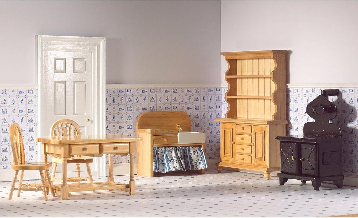 Poppenhuis Keuken - Miniatuur Keuken Meubel - Poppenhuis Decoratie - Traditioneel Design - Schaal 1:12 - Wit Lichtbruin