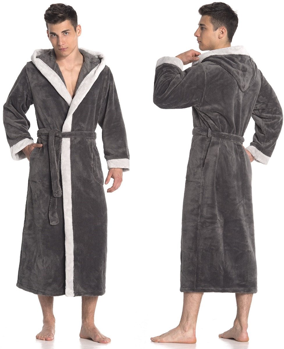 SnelShoppen - Di Vadini Unisex Prato Badjas met Capuchon - Luxe Microvezel Ochtendjas - Wollige Badmantel - Kimono in Grijs/Lichtgrijs - Maten XXS - 5