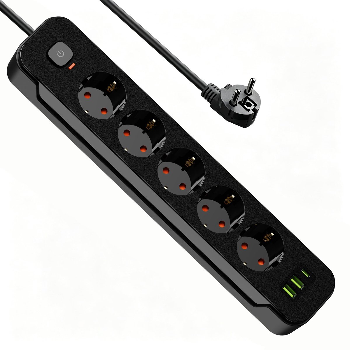 SnelShoppen - Meervoudig Stopcontact met 5 Schuko, 2 USB-A en 1 USB-C, 2500W Overspanningsbeveiliging, Zwarte Kabel 2m, Voor Thuis en Kantoor