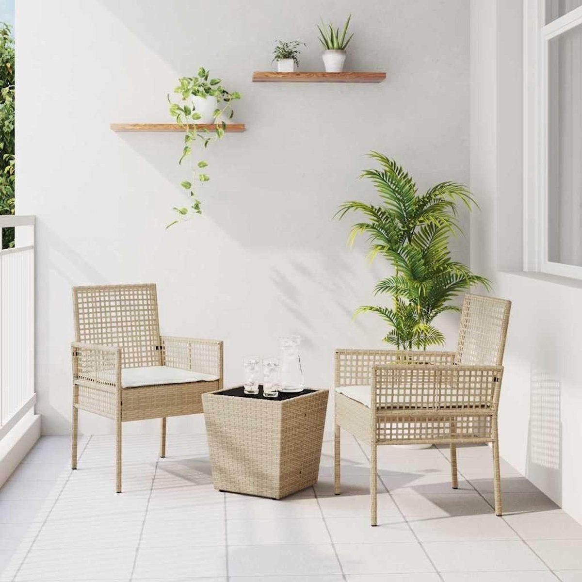 Tuinmeubelset 3-delig - Bistroset polyrotan - Buiten Zitten - Met Kussens - 415 cm - Beige