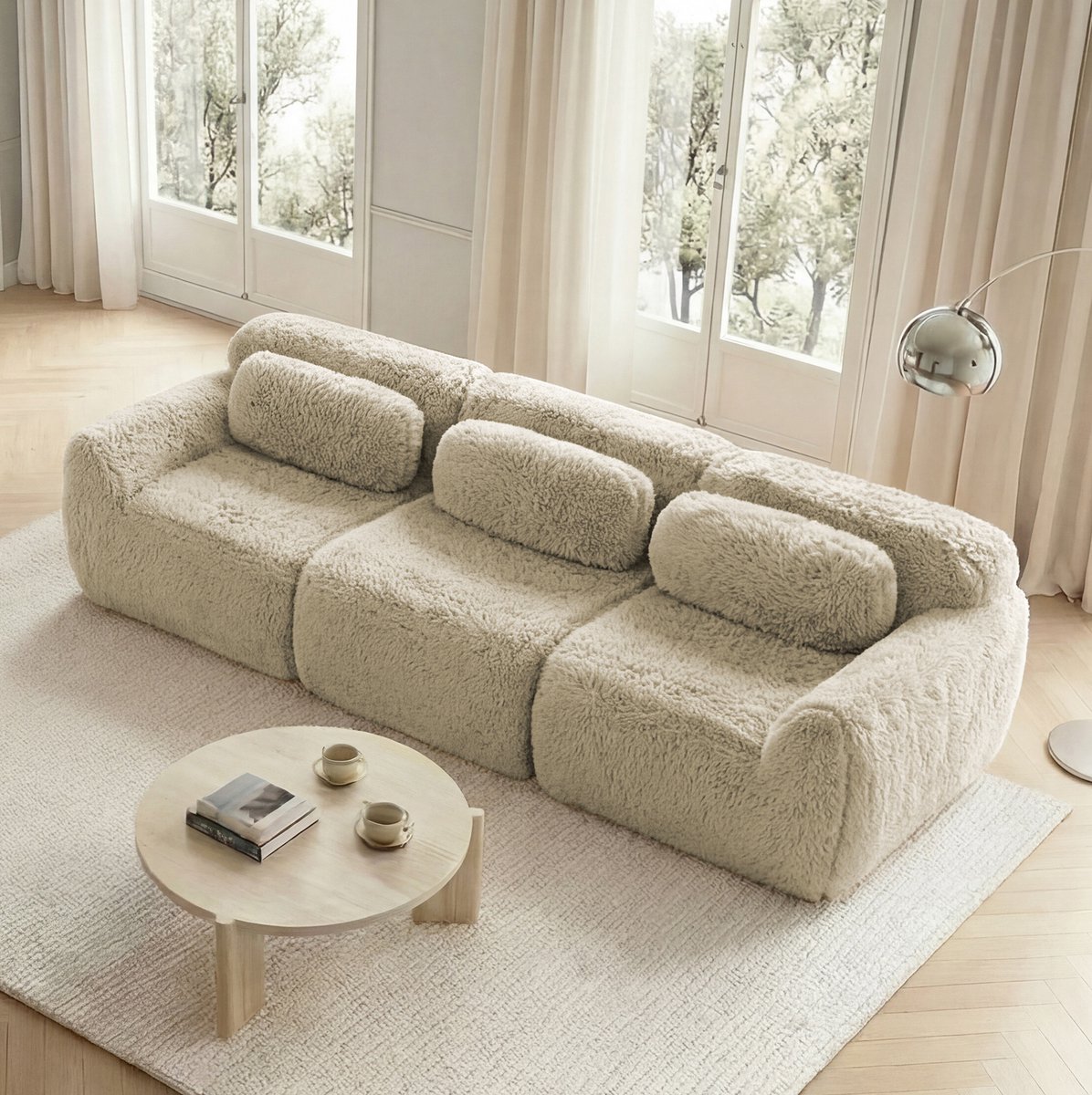 COVREO 3-zits bank 291 x 104 x 73 cm - licht khaki, pluche stof stof, met kussens
