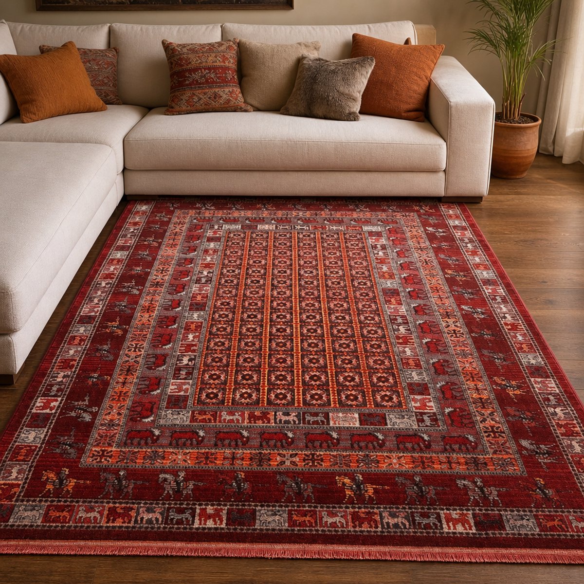 Muratap Artline Oosters Vintage Vloerkleed Taj Rood Wollook- 80x300 CM