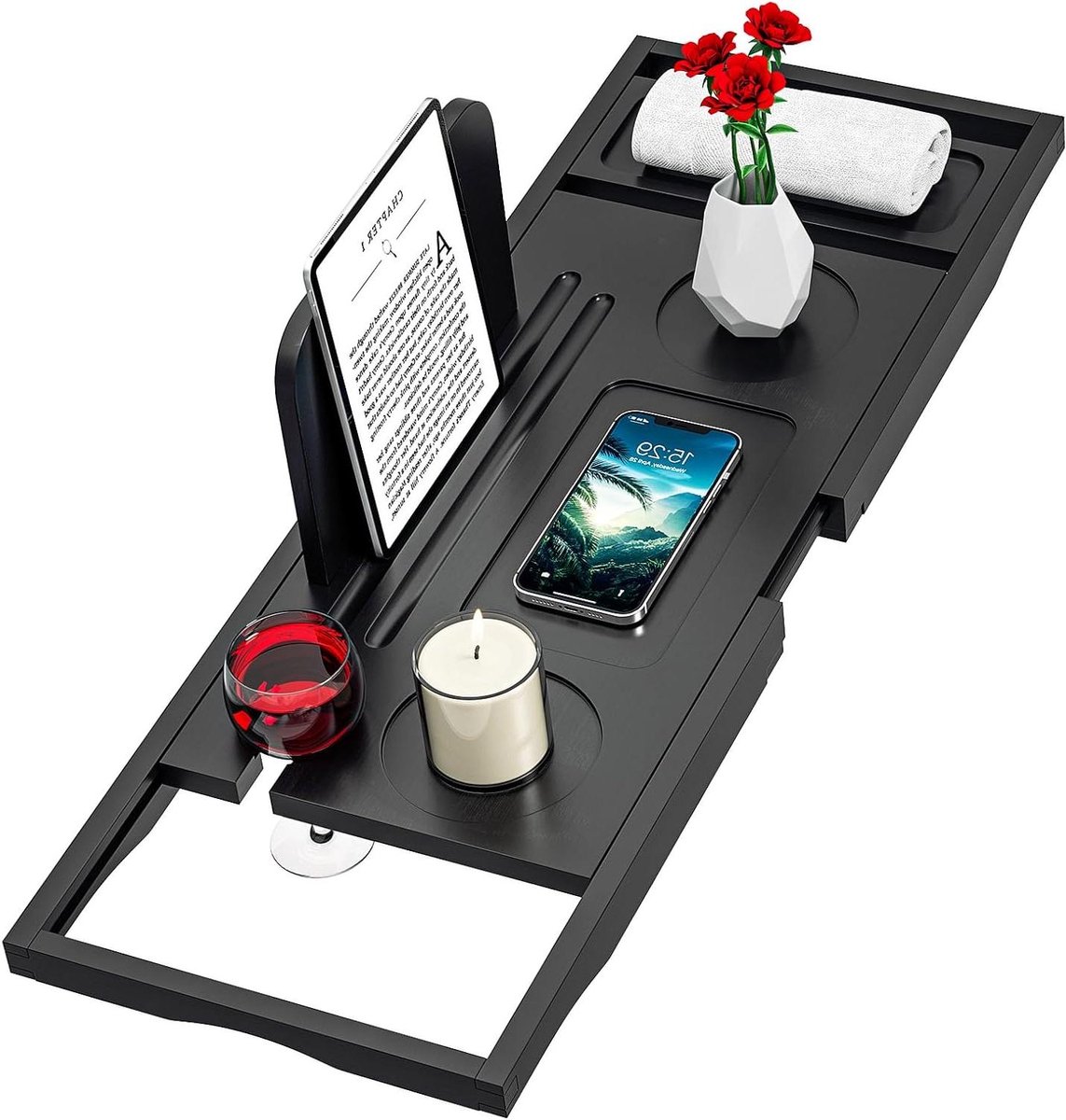 Badkuip Caddy Tray - Badbak Bamboe - Ontspannen in Bad - Uitbreidbaar Ontwerp - 275" tot 354" - Zwart