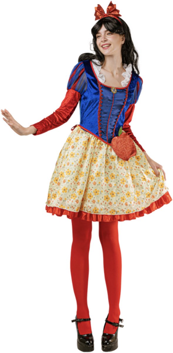 Joya Party® Prinsessen Jurk Dames Sneeuwprinses | Sprookjes Prinses Snow Kostuum Vrouw Sneeuw | Blauw Rood Verkleedjurkje met Strik & Appel Tasje | Verkleedkleding Vrouwen | Carnaval & Halloween | Maat M/L