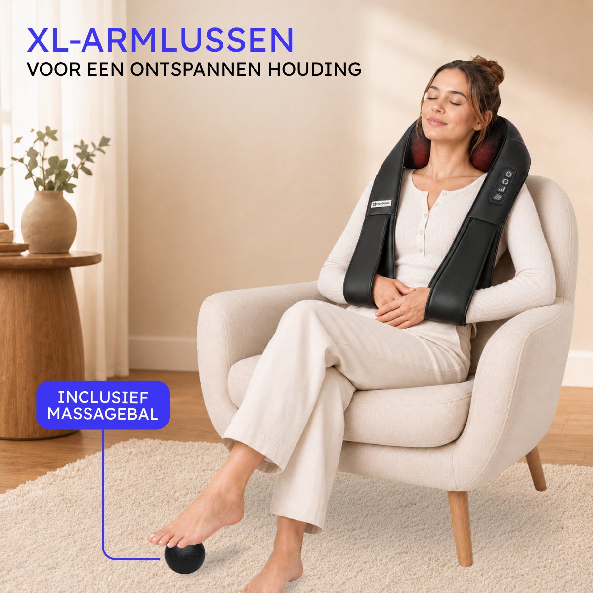 FourGoods XL Nekmassage Apparaat - 120 Min Draadloos - Incl. Massagebal - Shiatsu Massagekussen Nek & Rug thumbnail 2