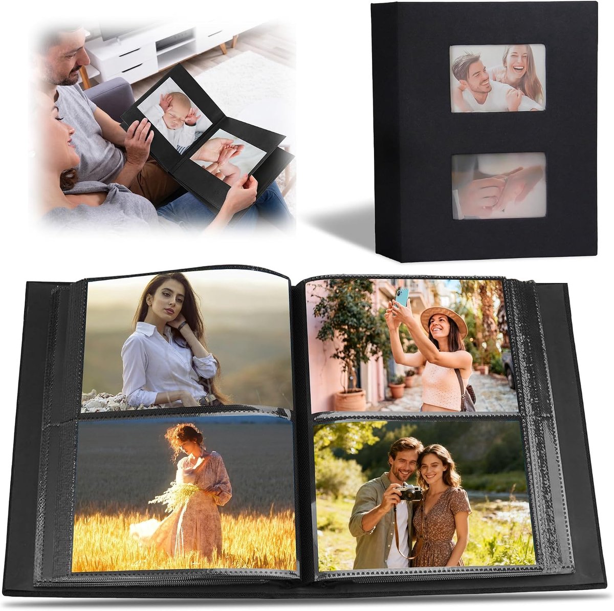 Fotoalbum om in te steken 10x15: fotoalbum 200 foto's met dubbel venster stoffen omslag inschuifalbum voor familiefoto's herinneringen orde thuis voor koppels en gezinnen