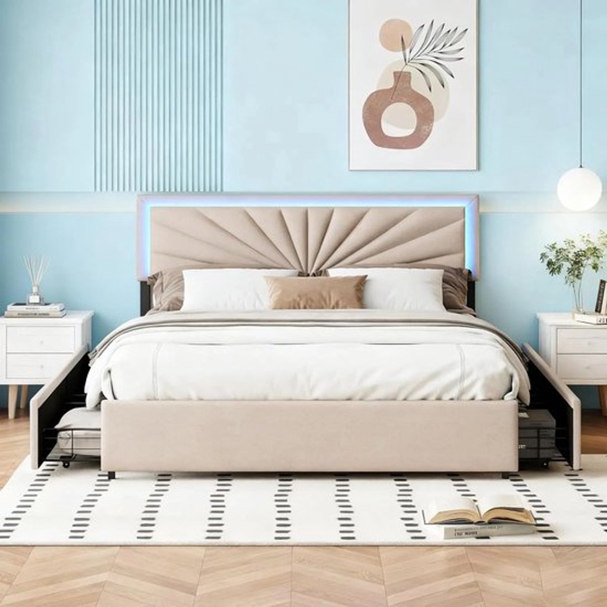 Modern bed 140/160x200cm met LED-verlichting, 4 laden, tweepersoonsbed met in hoogte verstelbaar hoofdeinde,