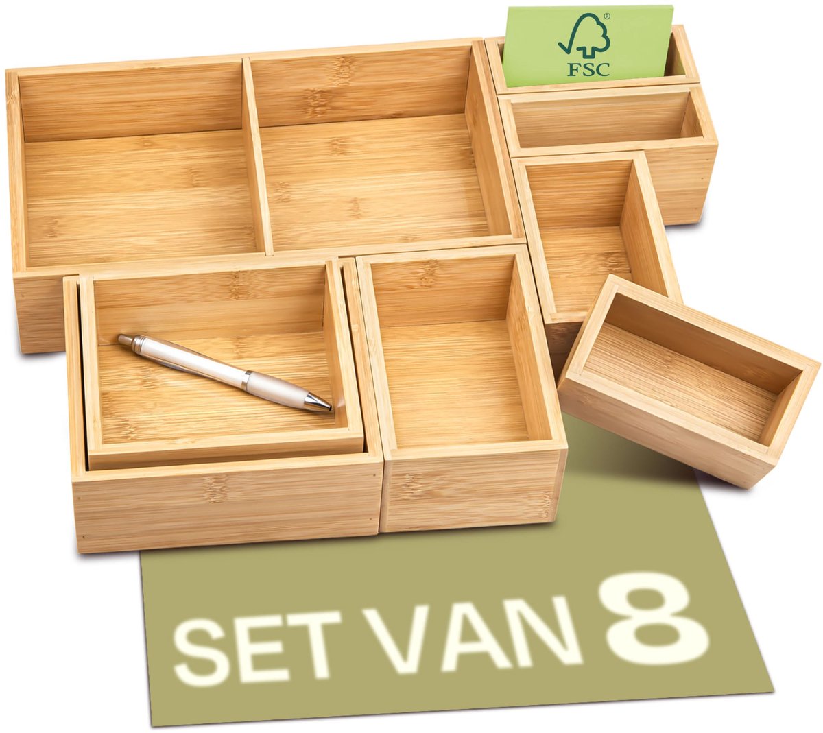 8-delige Lade Organizer Set - Duurzaam FSC Bamboe Hout - Flexibel Combineerbare Opbergvakken - Voor Keuken, Badkamer & Kantoor - Praktische Opbergbakjes voor Elke Lade