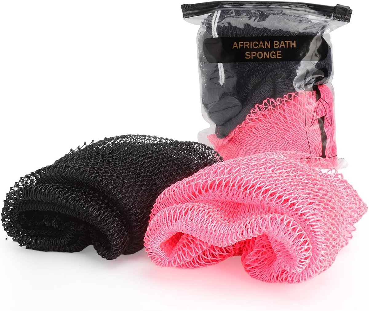 Set van 2 Afrikaanse Net Sponsen voor Douche, Sneldrogende Peeling Spons voor Lichaamsreiniging, Geschikt voor Mannen en Vrouwen, Zwart en Roze