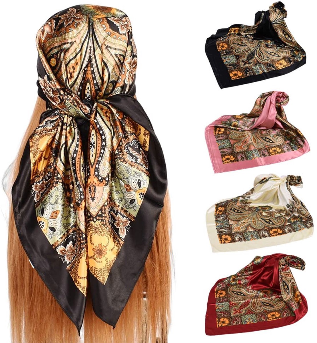 4 Stuks Satijnlook Hoofddoeken voor Dames - zijden hoofddoeken voor dames - 90 x 90 cm - Zachte Haar- en Halsdoek met Vintage Paisley Patroon, Veelzijdige Bandana en Shawl
