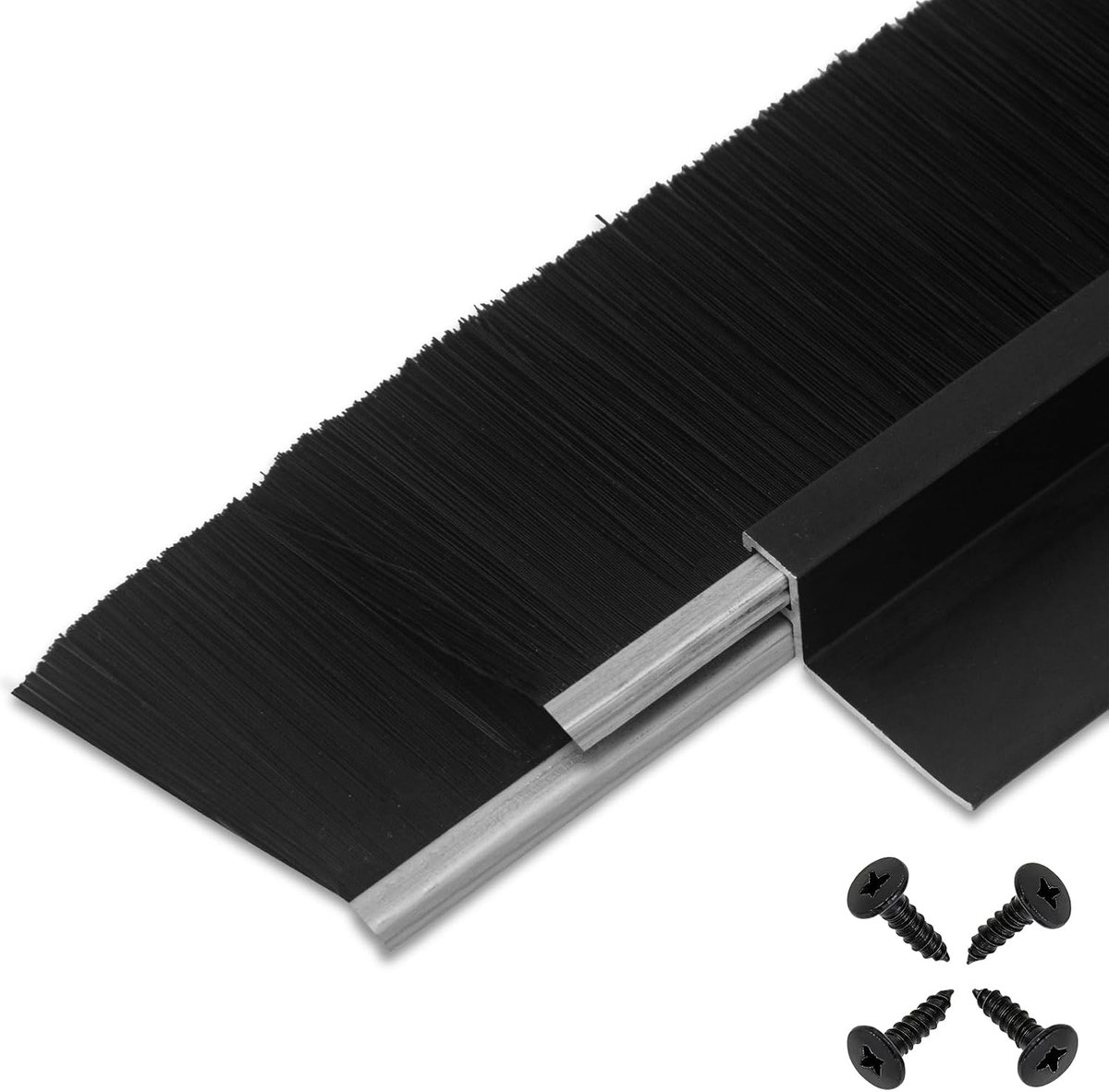 Deurborstel afdichtstrip - 61 mm (2,4 inch) B x 880 mm (34,6") L, zwart aluminium frame met duurzame zwarte PP-borstelharen, tocht, weerbestendig en ongediertebestrijding