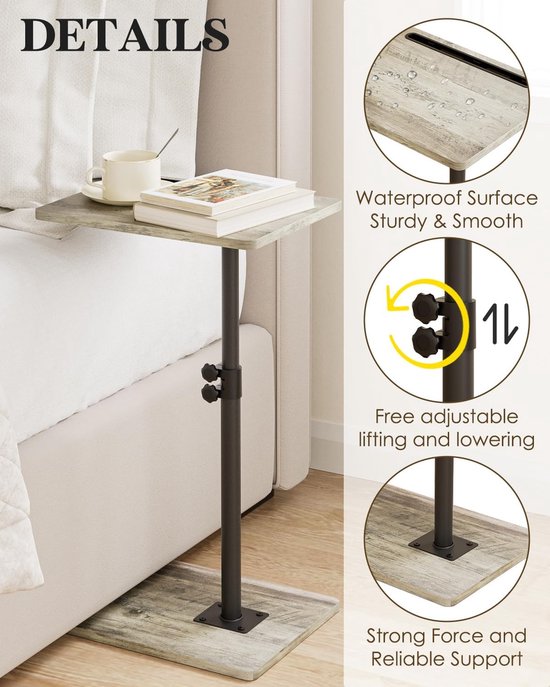 Bijzettafel, C-vorm, 360 graden roterende salontafel, klein, in hoogte verstelbare salontafel, 40 x 30 x (45-81) cm, houten koffietafel, laptoptafel voor slaapkamer, woonkamer, kantoor — afbeelding 4