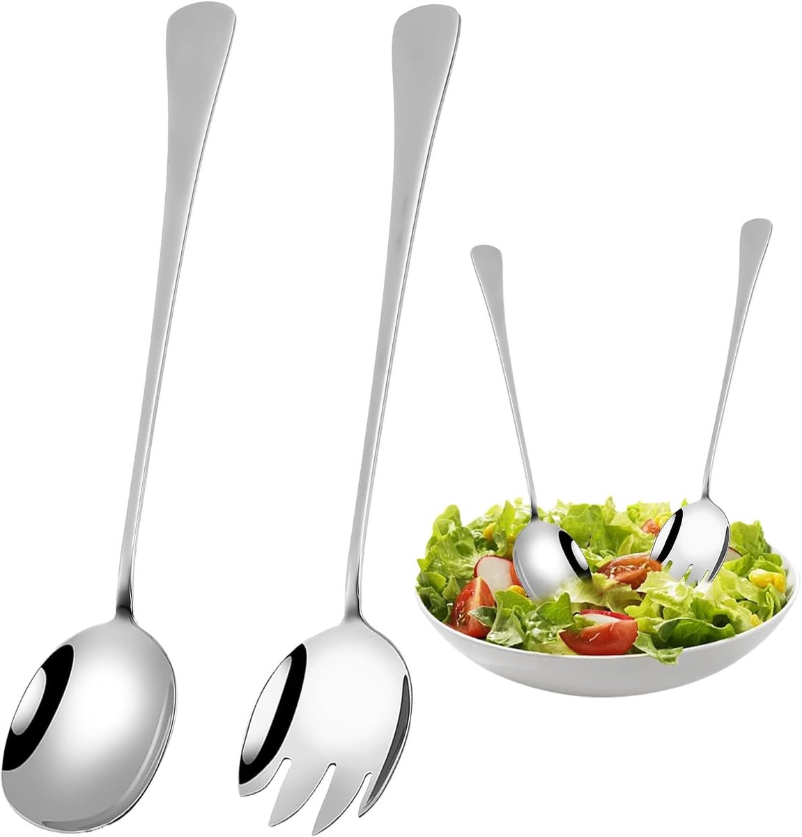 2 stuks 28 cm slabestek van roestvrij staal voor het serveren | Tweedelig serveerbestek voor salade, pasta en bijgerechten; robuuste vorm voor keuken, buffet en eettafel.