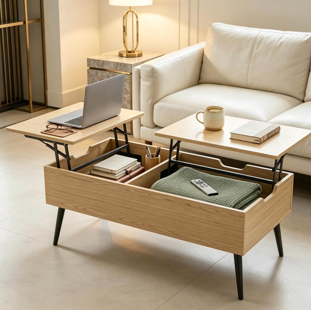 Salontafel - In Hoogte Verstelbaar Met Verborgen Opbergruimte - Modern Voor Woonkamer En Kantoor - Spaanplaat En Metaal - Zwart En Natuurlijk - 100x50x58 Cm