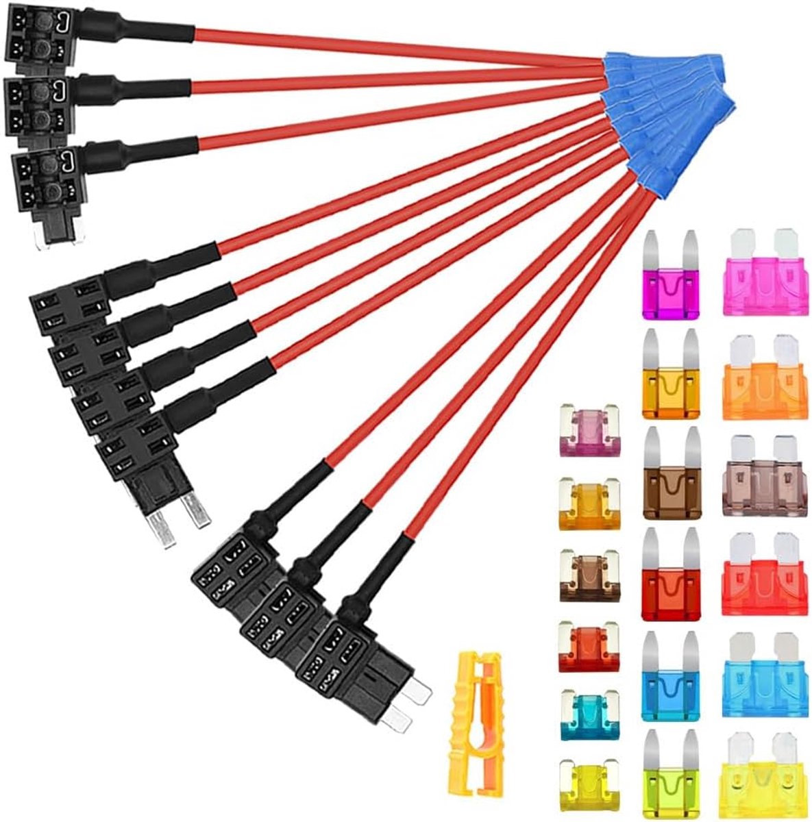 10 Stuks 12V / 24V Add-a-Circuit Zekering Adapter Set, Auto Piggyback Zekeringhouder met 16 AWG Draad, Gratis 18 Stuks Bladzekeringen en Zekeringtrekker (Krimp Terminal)