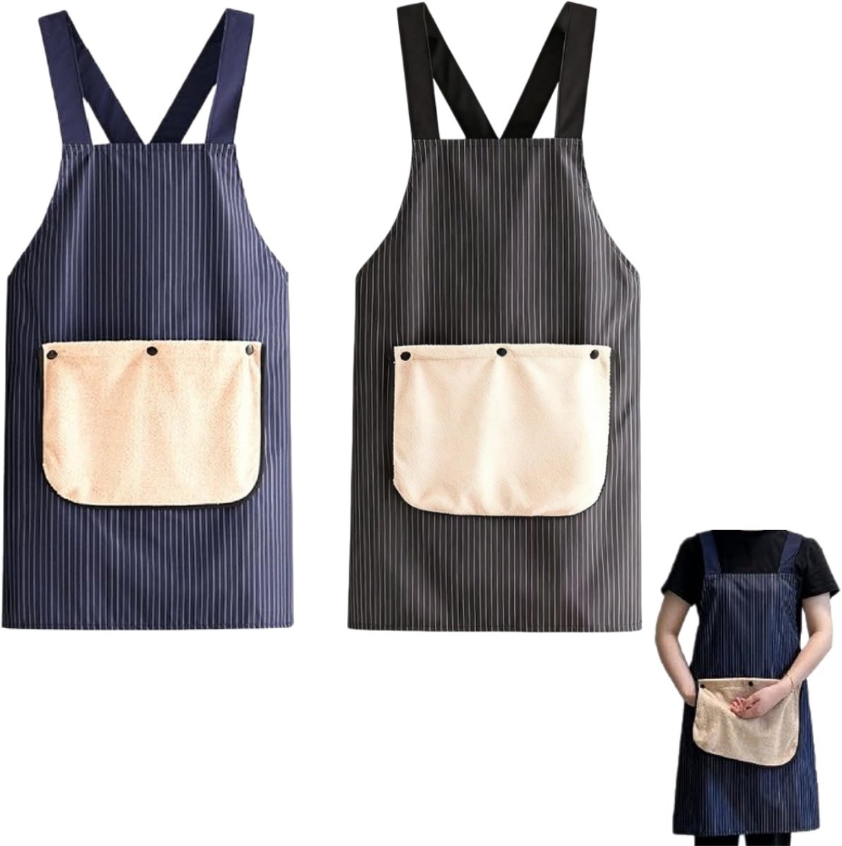 2-delig - Waterdicht schort - Met handdoek - Afneembaar handdoekschort - Schort met kruisbanden - Werkschort voor de horeca - Vlekbestendig - Zwart en blauw - 68 x 70 cm - voor dagelijks koken, huishoudelijk werk, tuinieren en huisdierverzorging