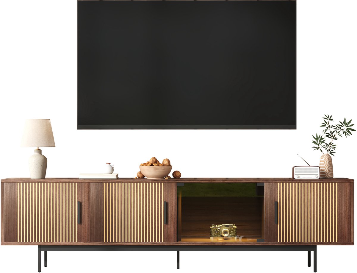 TV Meubel - 200 cm Met Smart Led-Verlichting Glazen Deur - Notenhout