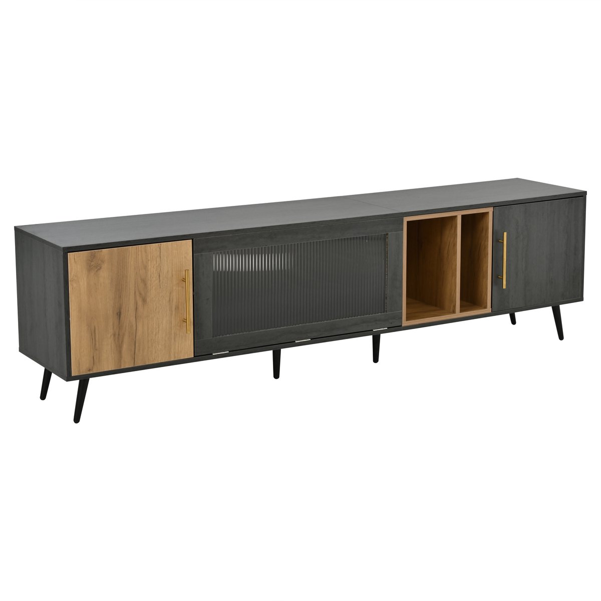 TV Meubel - 200 cm Met Glazen Deur Modern TV Lowboard - Grijs en Hout