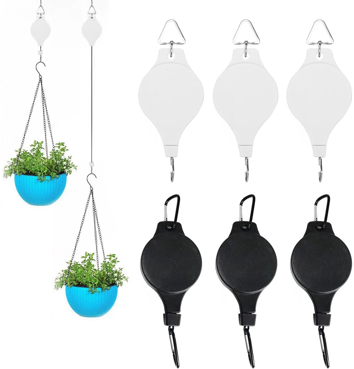 Namajunas - 6-stuks Ophangbaar intrekbaar Plantenbakhaken - Multifunctionele hoogtehaak - Voor tuinplanten, bloemenlamp en vogelvoeder - Zwart/wit - Tuin decoratie voor buiten - Accessoires - Bloemenhaak - Plantenhanger