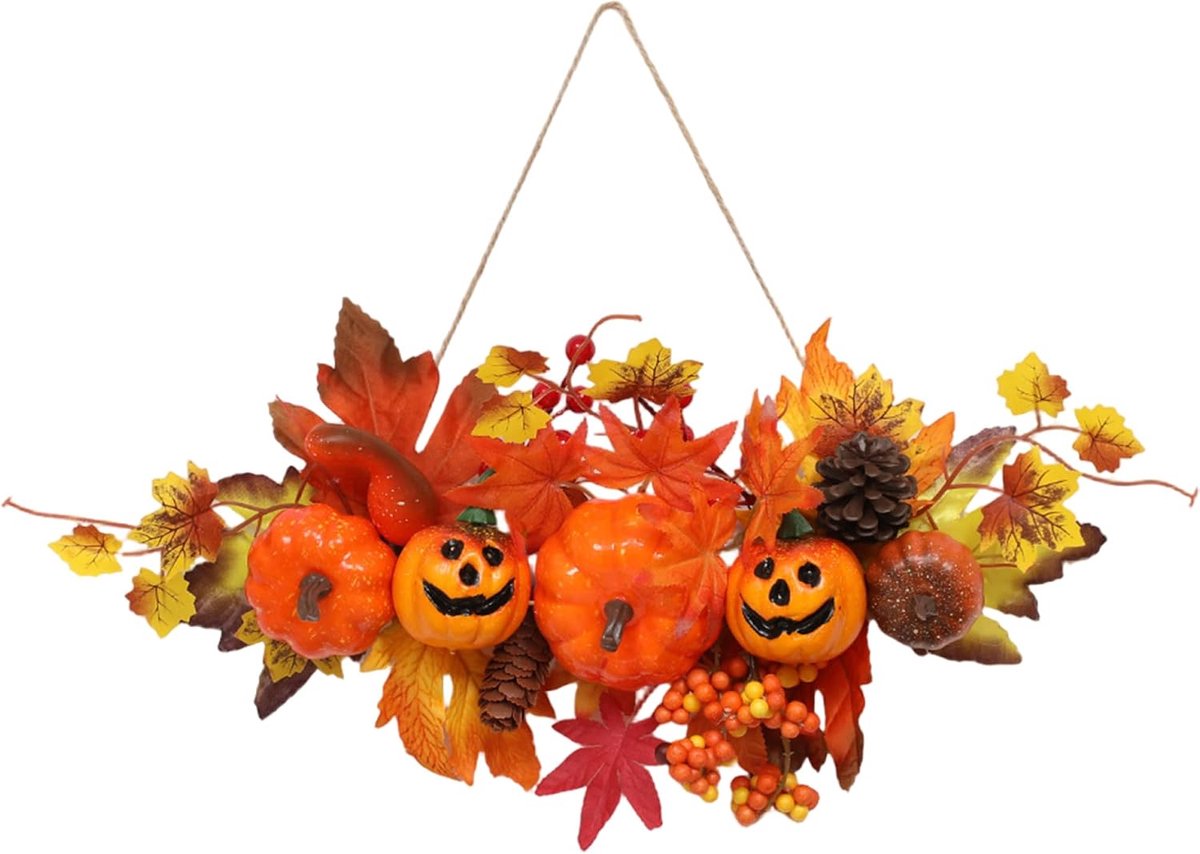 Herfst Halloween Decoratie - Esdoorn Bladeren en Pompoen - Hangende Decoraties - Woonkamer Slaapkamer Muurdecoratie - Halloween Thanksgiving Versiering - Feestelijke Sfeerverlichting - Voor Binnen en Buiten - 45×25×8 cm