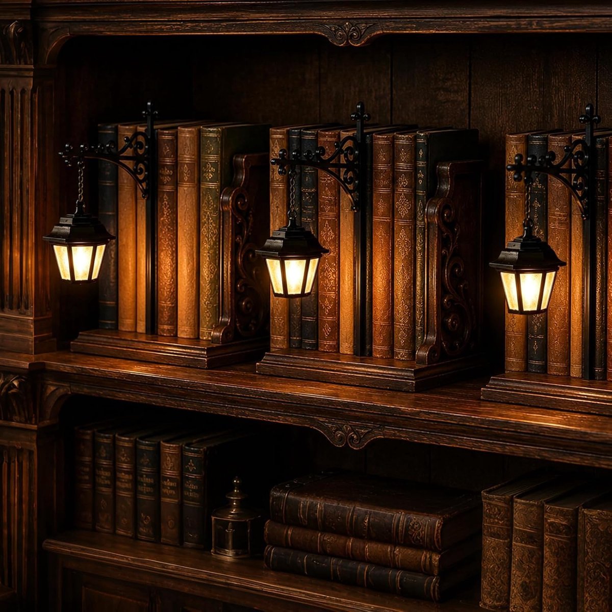 3 Stuks - Boekensteun Metaal - Boekensteun met LED Lantaarn Lamp - Vintage Boekenkast Verlichting met Warme Sfeergloed, Mini Hangende Lamp Decoratie voor Leeshoek, Thuisbibliotheek en Boekenliefhebbers - Ghost Design - Halloween