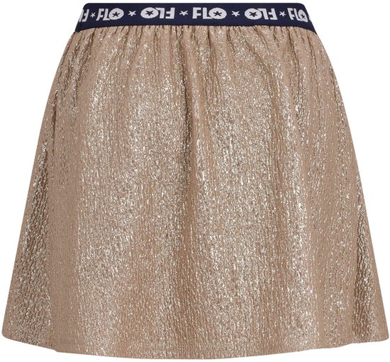 Een korte gouden rok met een elastische tailleband met het 'FLO'-logo en sterretjes.