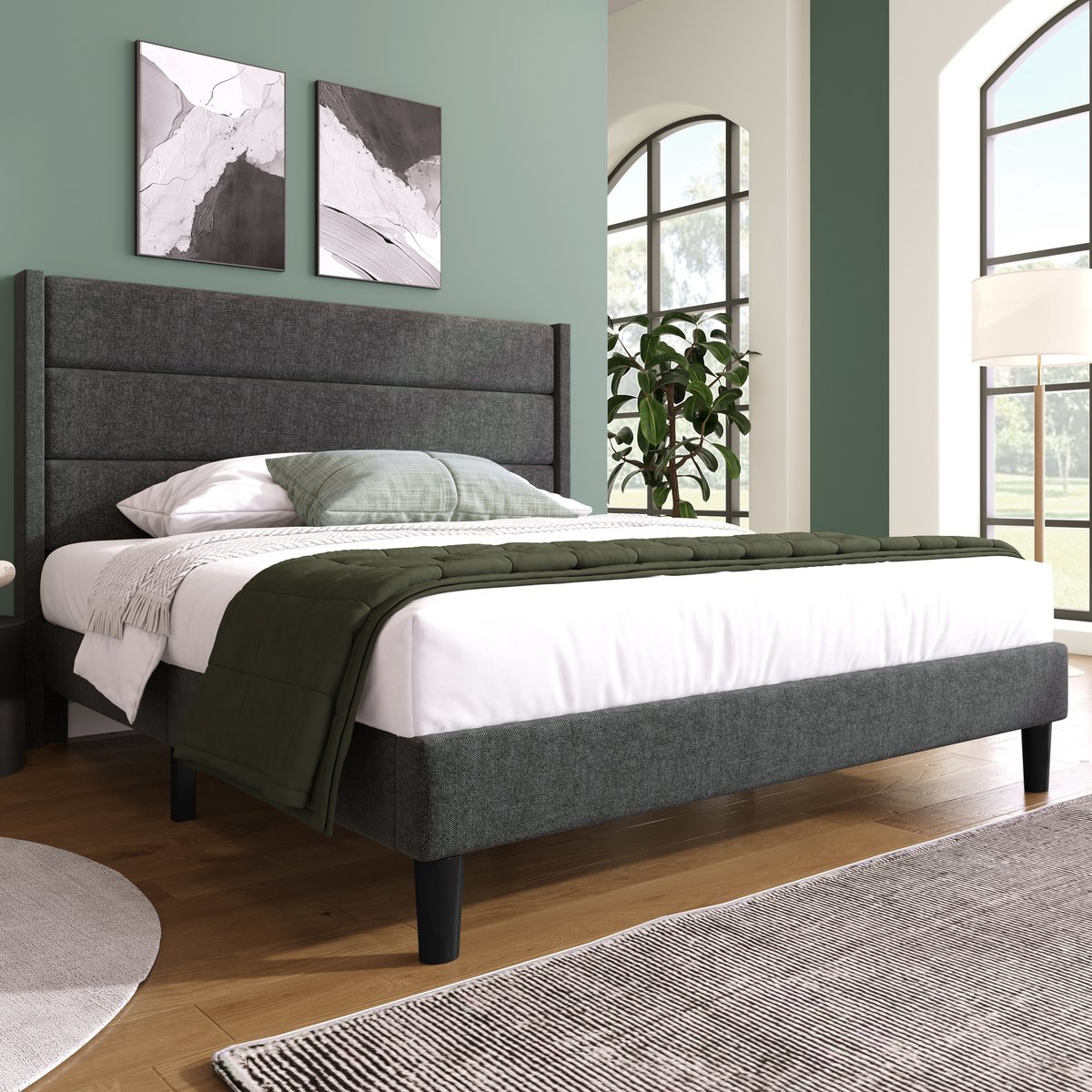 Gestoffeerd Bed 140x200 cm - Tweepersoonsbed Met Hoofdbord En Lattenbodem, Linnenlook Bekleding, Donkergrijs - Modern Bedframe