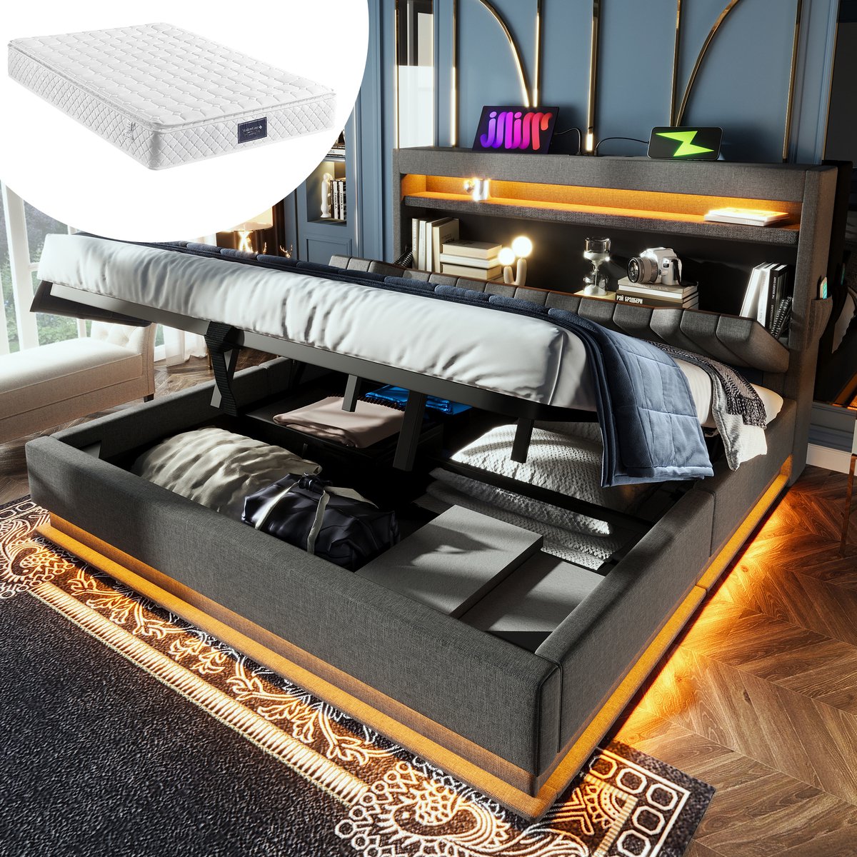 Bedframe - 140x200 Cm - Bed - Met Lattenbodem - Met Opbergruimte - LED - USB C - Grijs - Met Matras