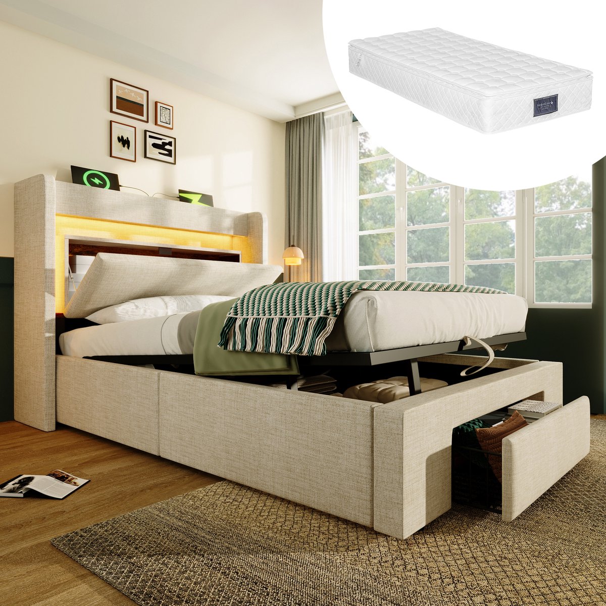 Bedframe - 90x200 Cm - Bed - Met Lattenbodem - Met Opbergruimte - LED - USB C - Beige - Met Matras