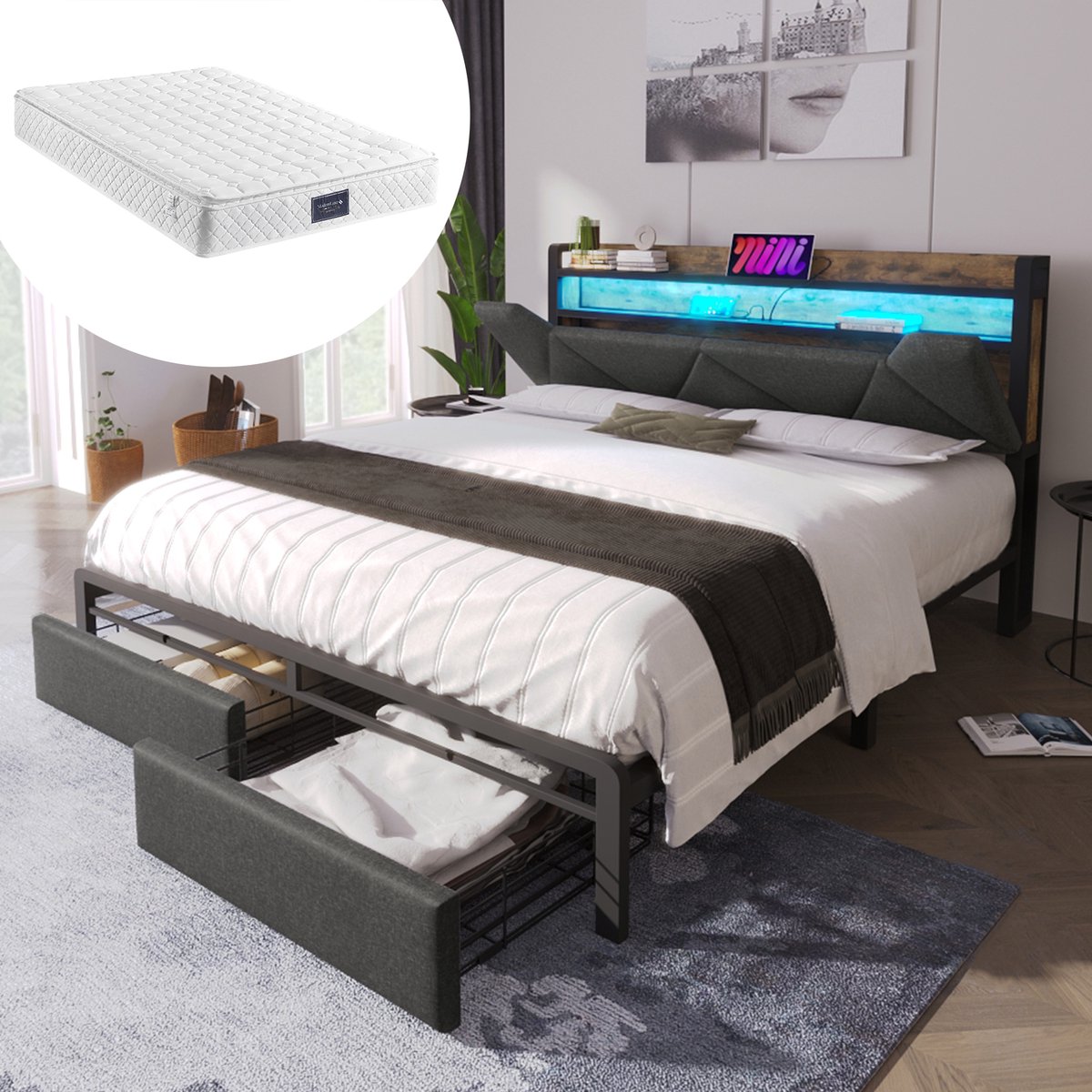 Bedframe - 160x200 Cm - Bed - Met Lattenbodem - Met Opbergruimte - LED - USB C - Grijs - Met Matras