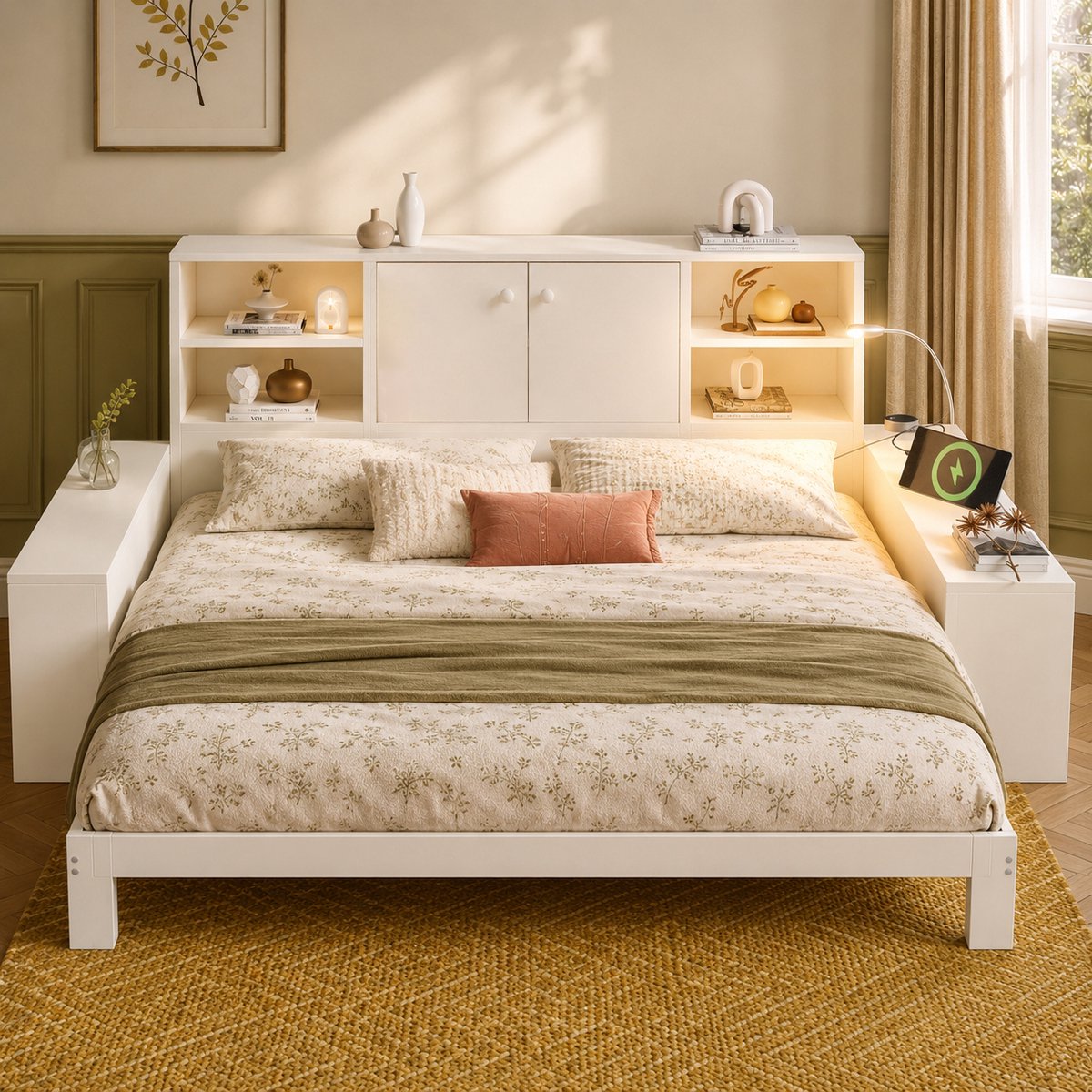 Bedbank - 90x200 Cm - Bed - Met Lattenbodem - Met Opbergruimte - USB C - Wit - Zonder Matras