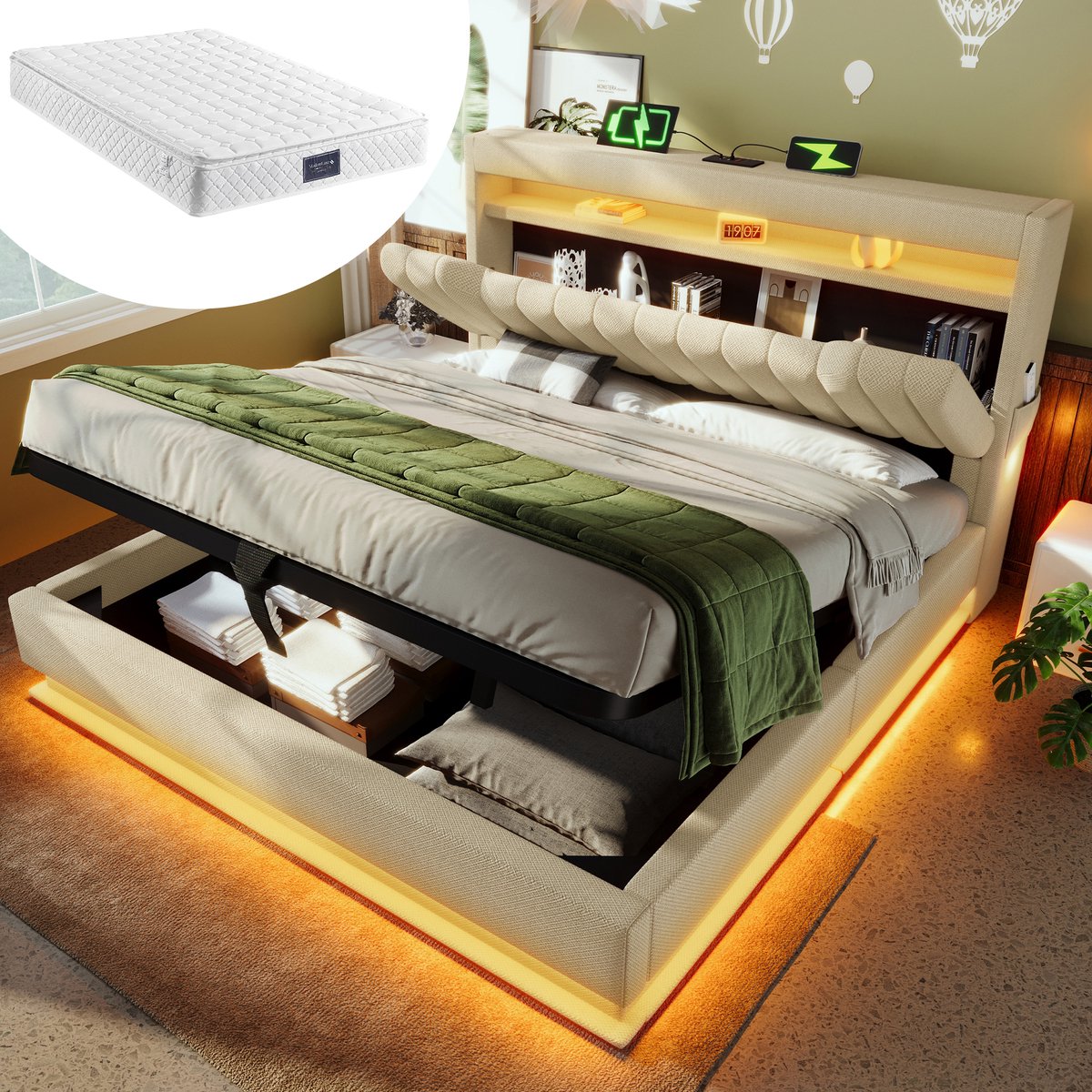 Bedframe - 140x200 Cm - Bed - Met Lattenbodem - Met Opbergruimte - LED - USB C - Beige - Met Matras