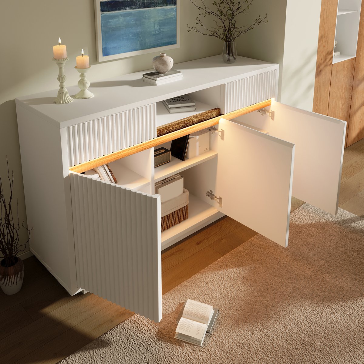 Dressoir 140x40x85 cm - Witte Kast Met LED Verlichting - Moderne Sideboard Met 3 Deuren, 2 Laden En Verstelbare Legplanken