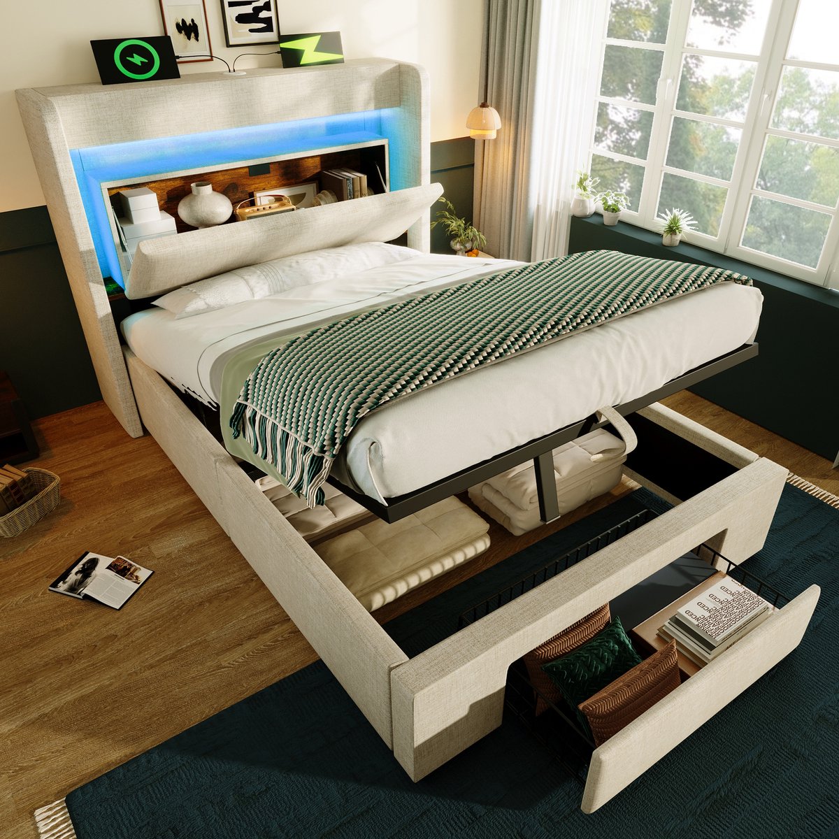 Bedframe - 90x200 Cm - Bed - Met Opbergruimte - LED - USB C - Beige - Zonder Matras
