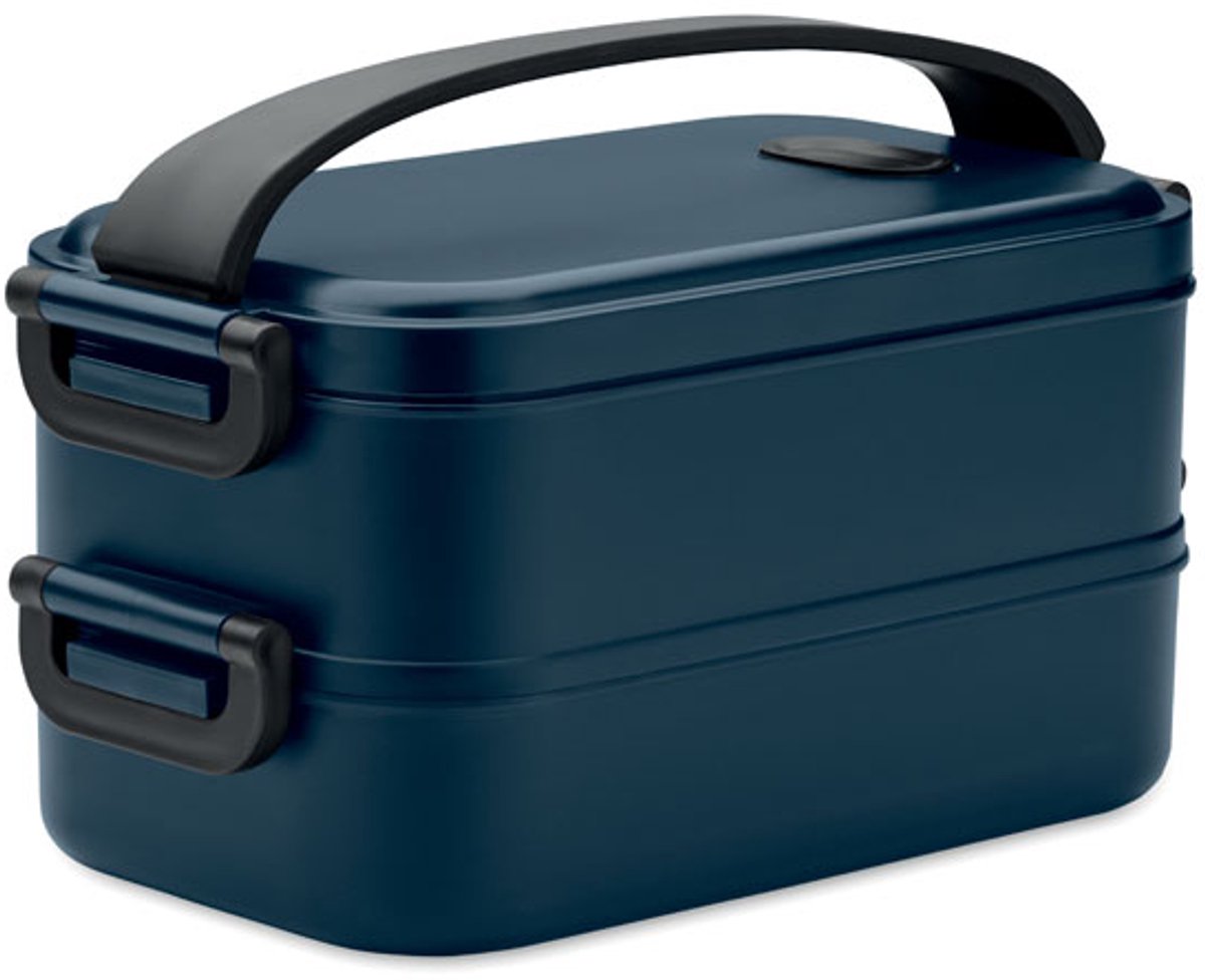 lunchbox met twee compartimenten, verwijderbare verdeler met zijgespen en luchtdicht deksel. Capaciteit: 850 ml (2x). Blauw