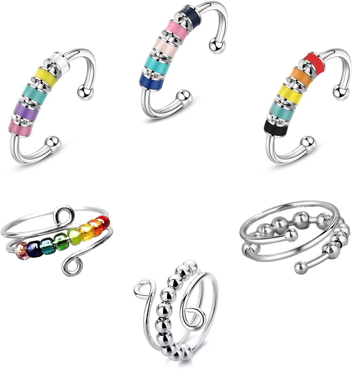 Ringen - verstelbare draaiende emaille fidget, stressverlichtende kraal roterende, open vingerkralen, anti-angst spinner geschenken voor vrouwen, mannen, kinderen