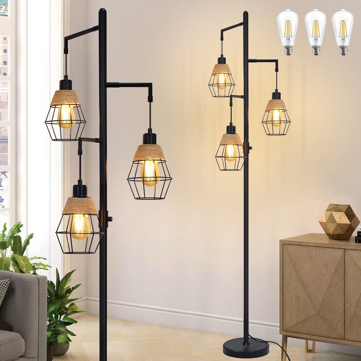 Lapamax Industriële Vloerlamp Zwart 3-Lichts – Staande Lamp Boomlamp met 3 Metalen Kooikappen – Dimbaar & Inclusief 3 E27 Lampen – Voor Woonkamer, Slaapkamer, Eetkamer en Kantoor