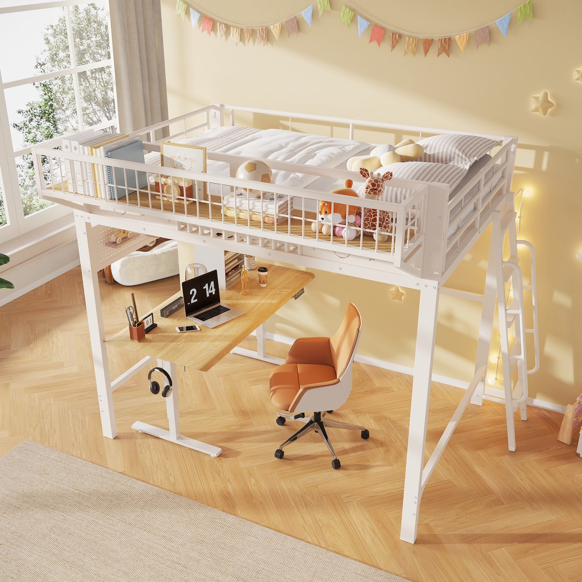 Hoogslaper 140 x 200 cm - met opbergruimte - reling met opengewerkt patroon - open onderkant - zonder matras - wit
