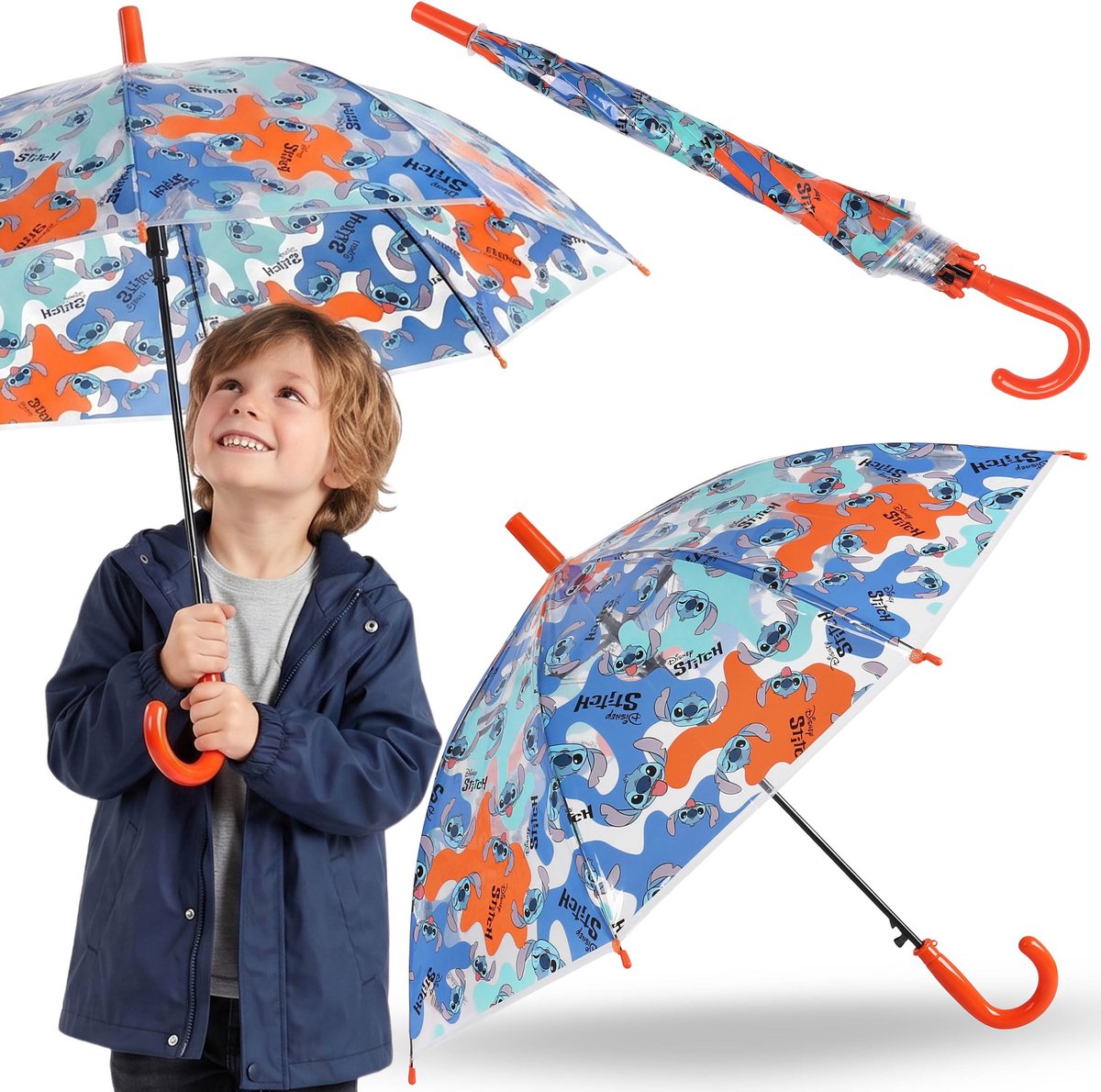 DISNEY Stitch Kleurrijke kinderparaplu voor jongen, doorzichtige, opvouwbare paraplu met automatische opening