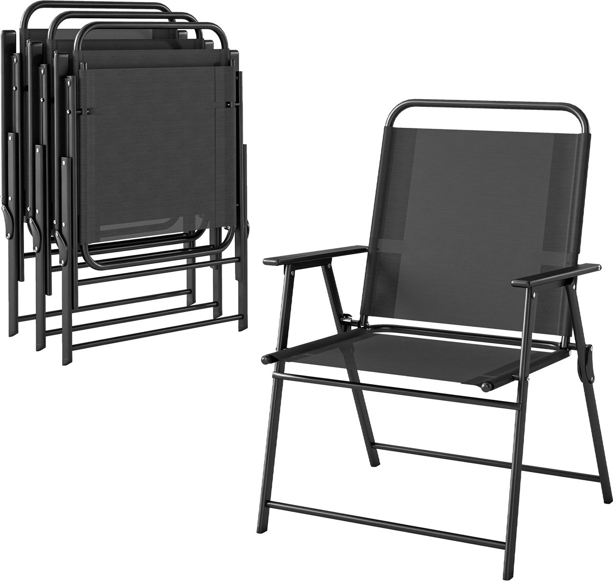 Set van 4 tuinstoelen, inklapbaar, klapstoel, hoge rugleuning, balkonstoel, terrasstoel met hoge rug- en armleuning, buitenstoel met een ruime zitting van textileen, zwart