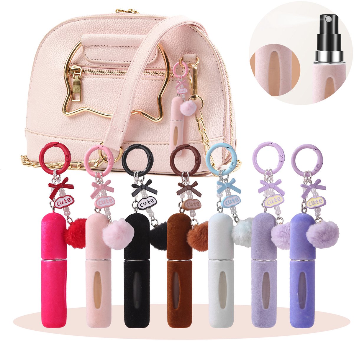 7 Pluche Parfumdispensers (5ml) - 12,5 x 1,5 cm - Navulbaar - Reisparfumflesjes - Inclusief schattige pluche hanger en sleutelhanger - Lichtgewicht en draagbaar - Stijlvol en veelzijdig - Verkrijgbaar in 7 kleuren