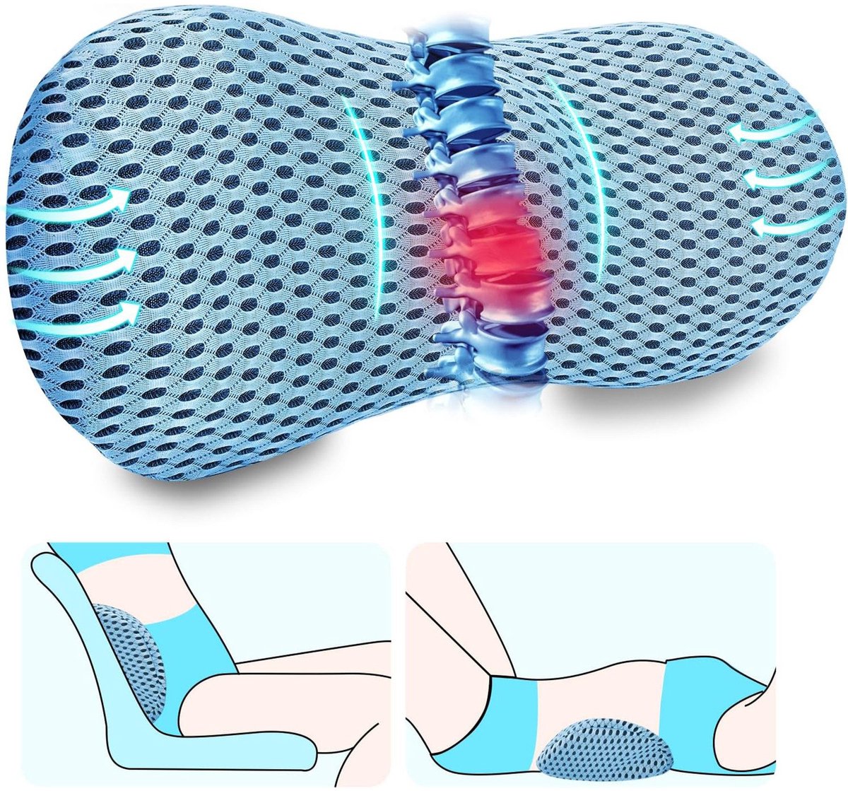 Rugkussen Lendenkussen - Ergonomisch Rugkussen van Traagschuim - Lendensteunkussen en Lendensteun - Rugsteun voor onderrug - Rugondersteuning en Onderrugondersteuning voor bureaustoel, autostoel, bed - Orthopedisch rugkussen voor drukverlichting