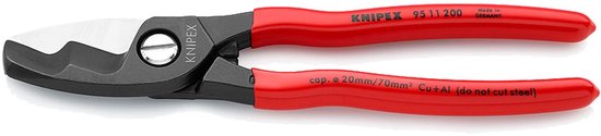 Knipex kabelschaar met rode kunststof handvatten, stalen bladen en de tekst "Knipex 95 11 200" en "cap. Ø 20mm/70mm² Cu+Al (do not cut steel)"