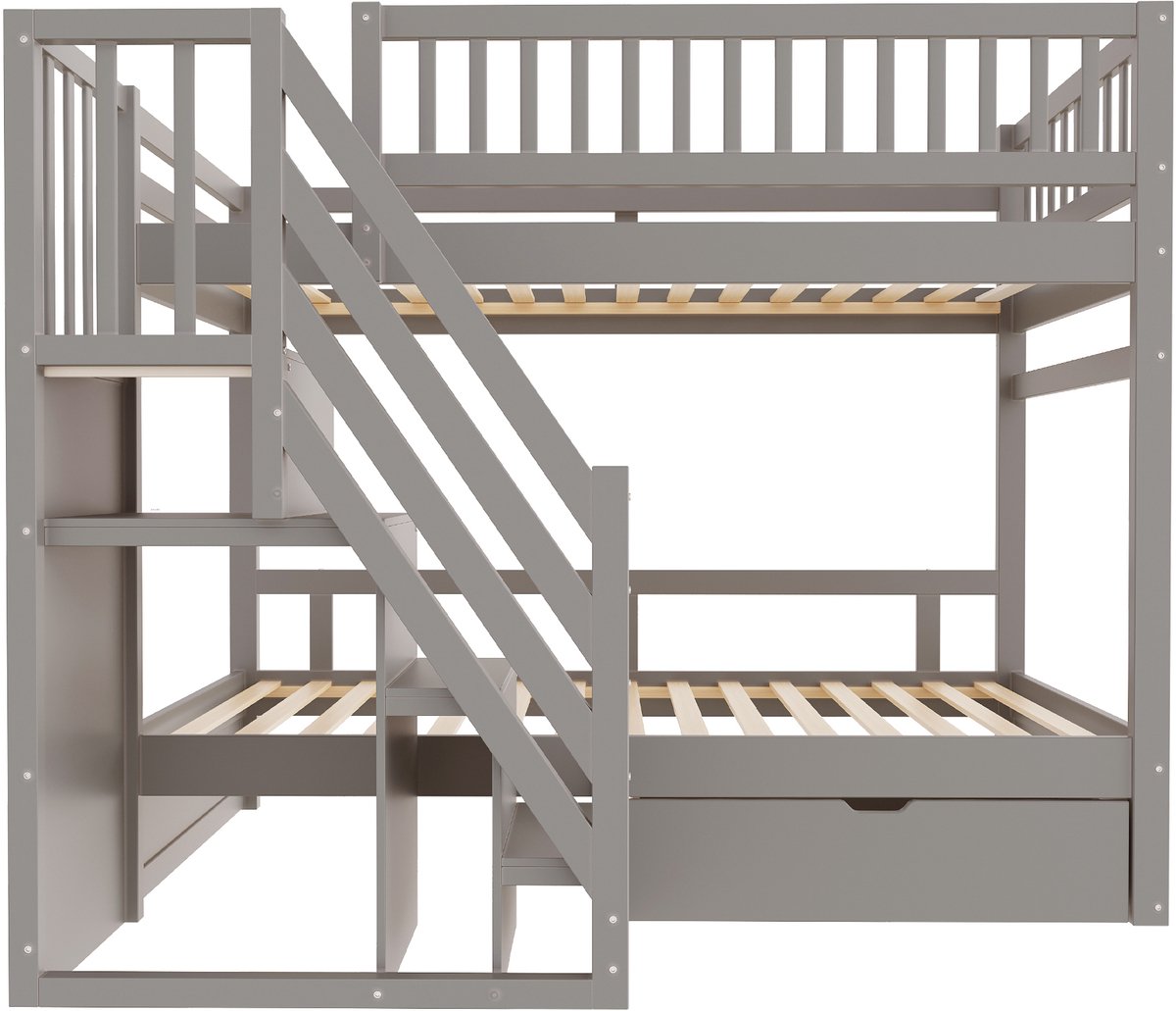 MUVANO Stapelbed massief hout - Kinderbed 90x200 - Jeugdbed - Bed met lades - Met trap - Opbergruimte - Veiligheidshek - Lattenbodem - Kinderkamer - 205x95x173 cm - 2 personen - Grijs LDB00387AAE