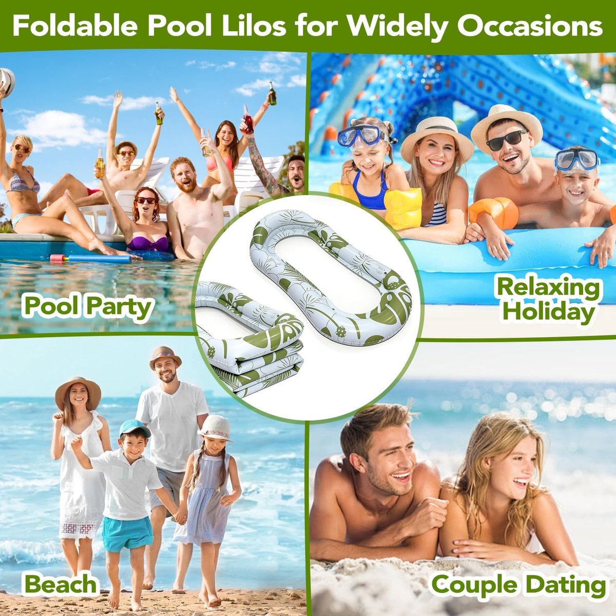 Opblaasbare Zwemband voor Volwassenen - Comfortabele Waterligmat met Hoofdsteun & Mesh Bodem - Perfect voor Zonnebaden, Strandvakantie & Feest - Stevig & Duurzaam - Snel Opblazen - Ontspanning op het Water - Groen Print – foto 5