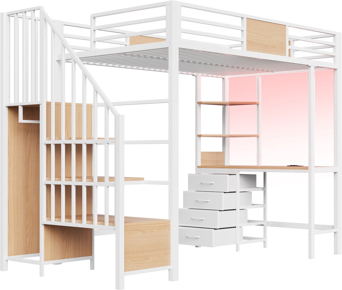 VVBV Hoogslaper 90x200 cm - Met Bureau, Opbergruimte, Stopcontact, LED-Verlichting - Wit, Metaal