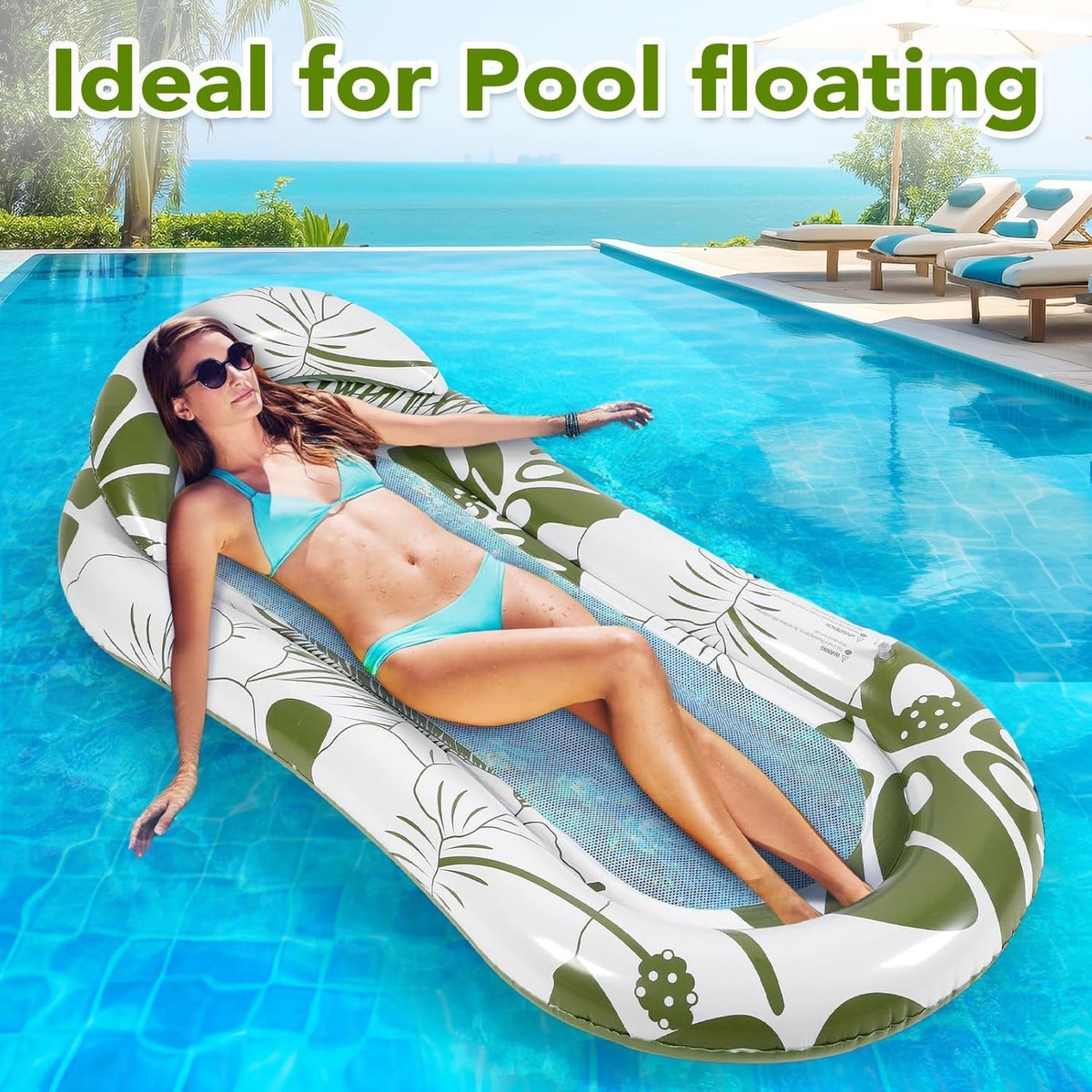 Opblaasbare Zwemband voor Volwassenen - Comfortabele Waterligmat met Hoofdsteun & Mesh Bodem - Perfect voor Zonnebaden, Strandvakantie & Feest - Stevig & Duurzaam - Snel Opblazen - Ontspanning op het Water - Groen Print – foto 3