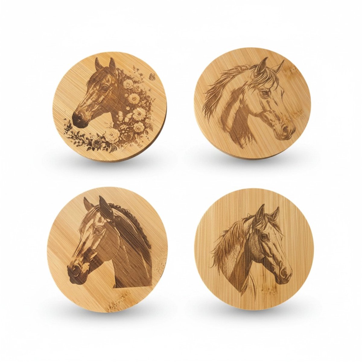 Onderzetter set bamboe -Gegraveerd - paarden - SET VAN 4 -