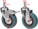 Grijze rubberen zwenkwiel met metalen beugel, rem en M12 x 30mm schroefdraad.